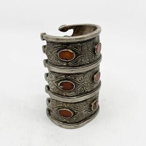 Antique Tekke Turkmen Silver Carnelian Inlay Cuff Bracelet